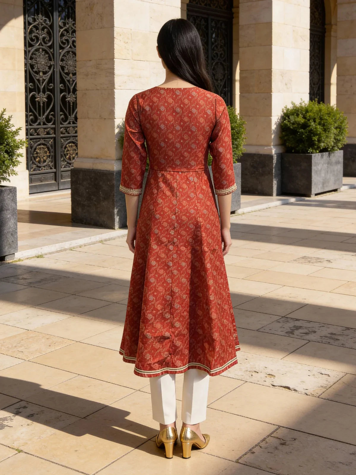 Buy Poly Viscose Embroidered Anarkali Calf Length Kurta-Maroon