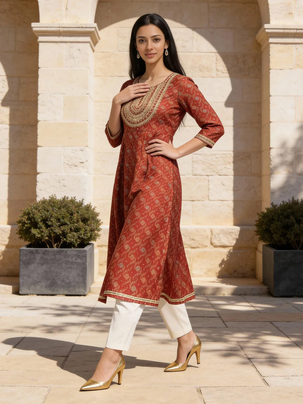 Buy Poly Viscose Embroidered Anarkali Calf Length Kurta-Maroon