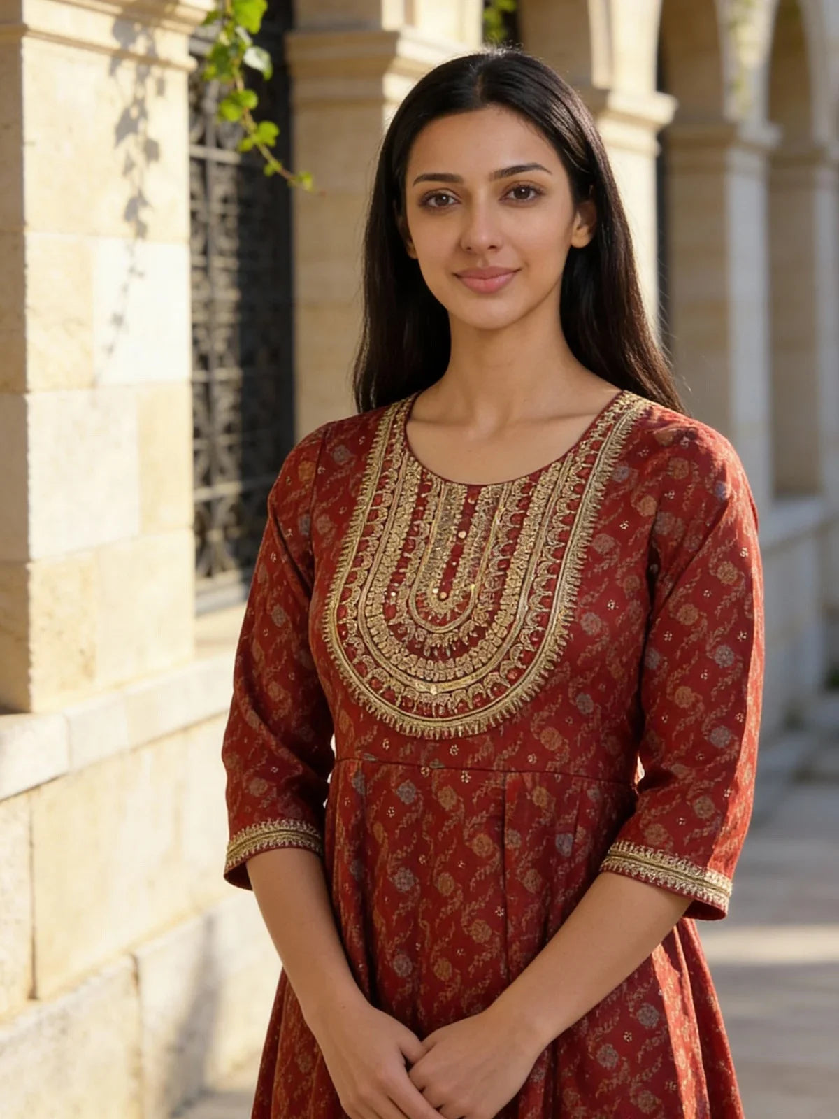 Buy Poly Viscose Embroidered Anarkali Calf Length Kurta-Maroon