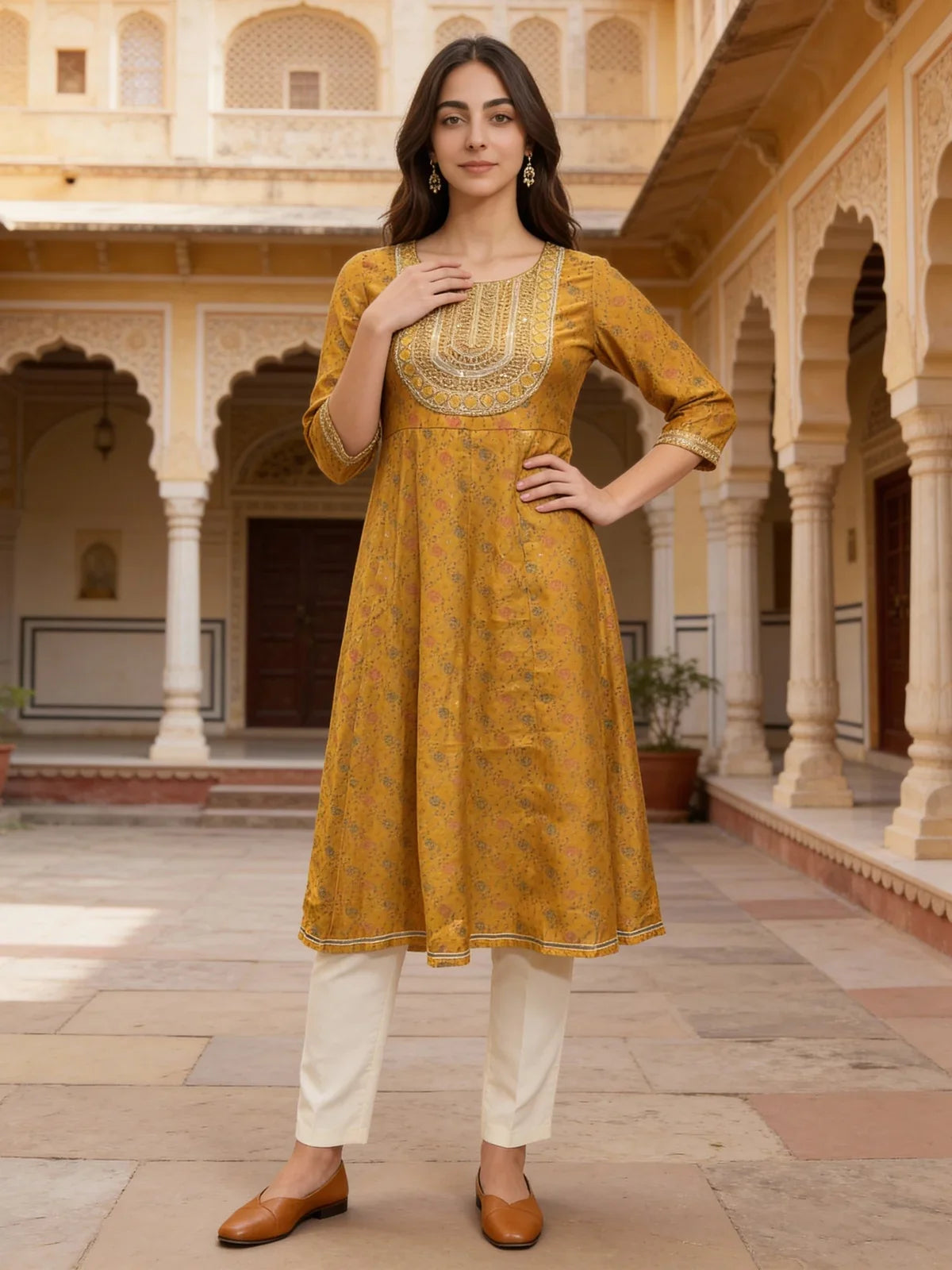Buy Poly Viscose Embroidered Anarkali Calf Length Kurta-Mustard