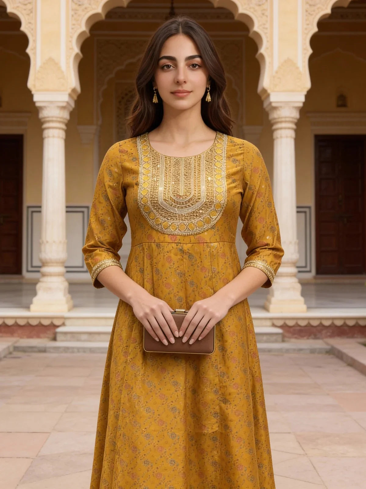 Buy Poly Viscose Embroidered Anarkali Calf Length Kurta-Mustard
