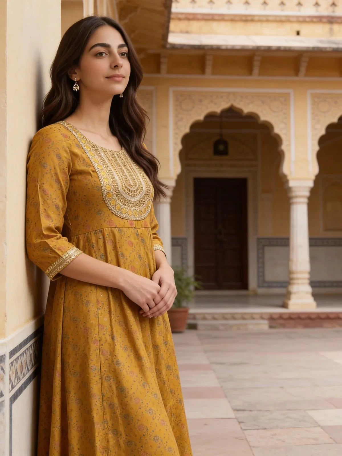 Buy Poly Viscose Embroidered Anarkali Calf Length Kurta-Mustard