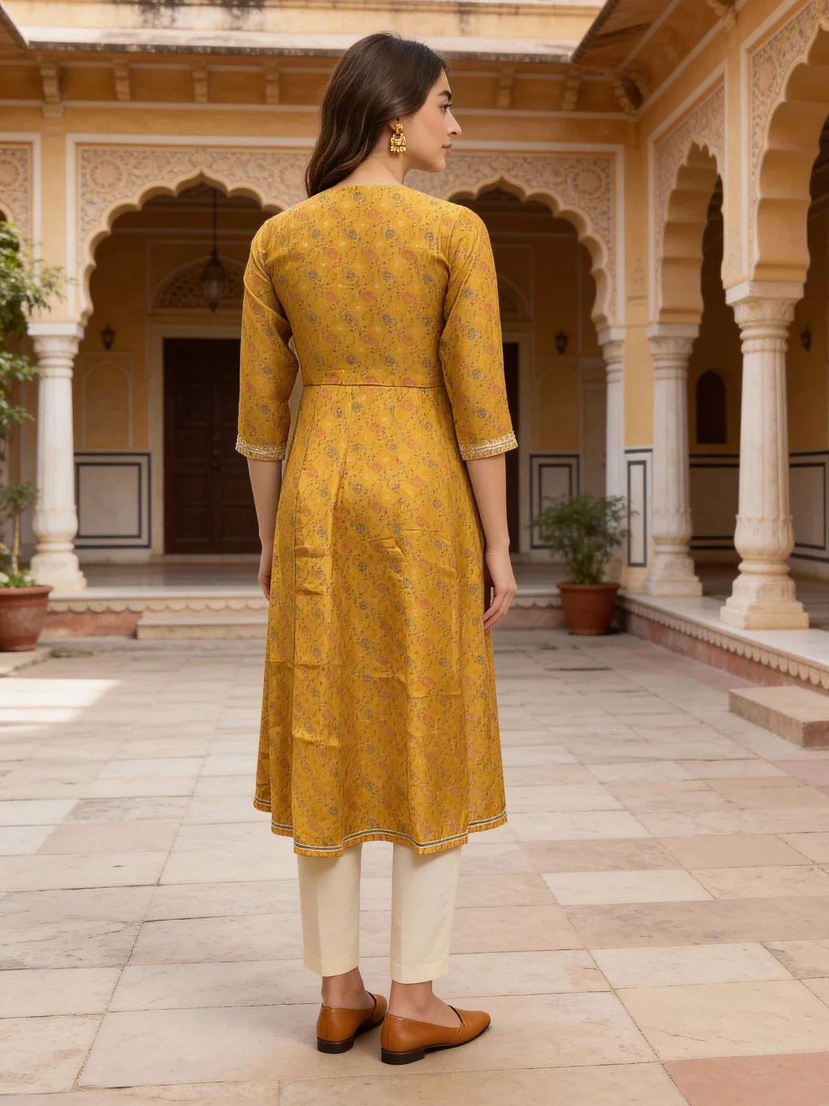 Buy Poly Viscose Embroidered Anarkali Calf Length Kurta-Mustard