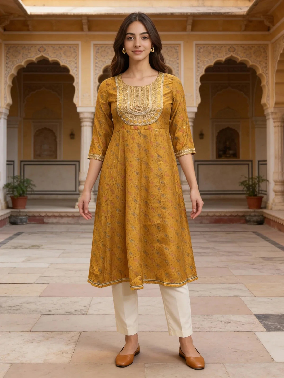 Buy Poly Viscose Embroidered Anarkali Calf Length Kurta-Mustard
