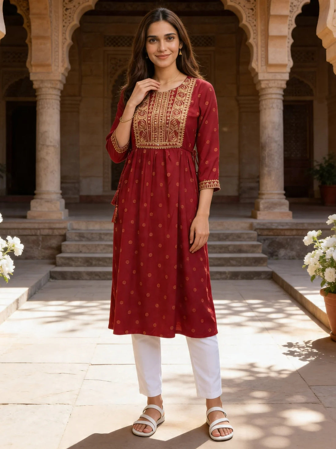 Buy Rayon Embroidered Flared Knee Length Kurta-Fuchsia