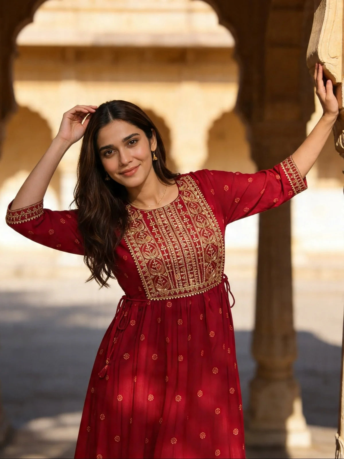 Buy Rayon Embroidered Flared Knee Length Kurta-Fuchsia