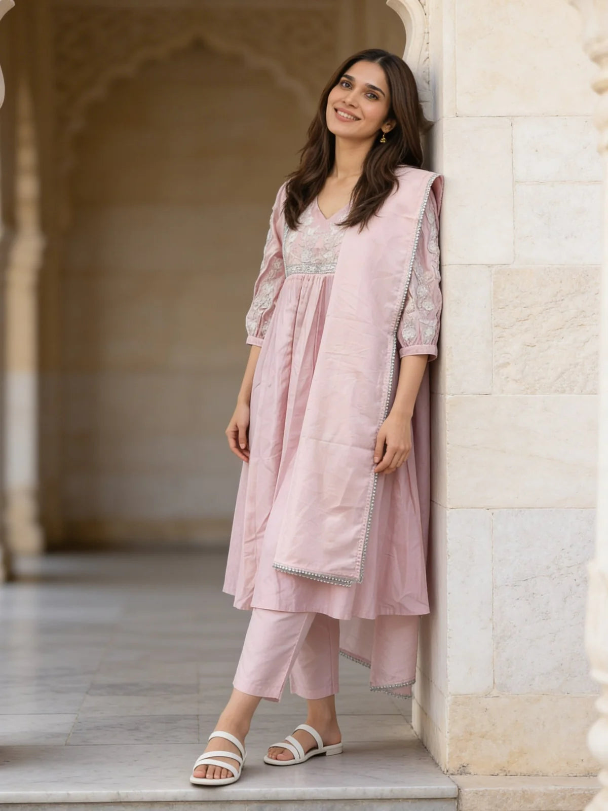 Buy Chanderi Embroidered Anarkali Calf Length Kurta With Pant and Dupatta-Lavender