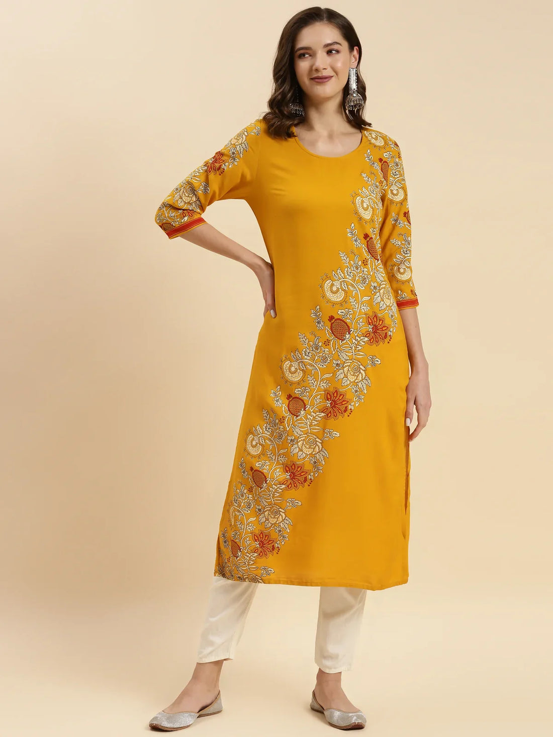 Buy Rayon Printed Straight Calf Length Kurta-Mustard