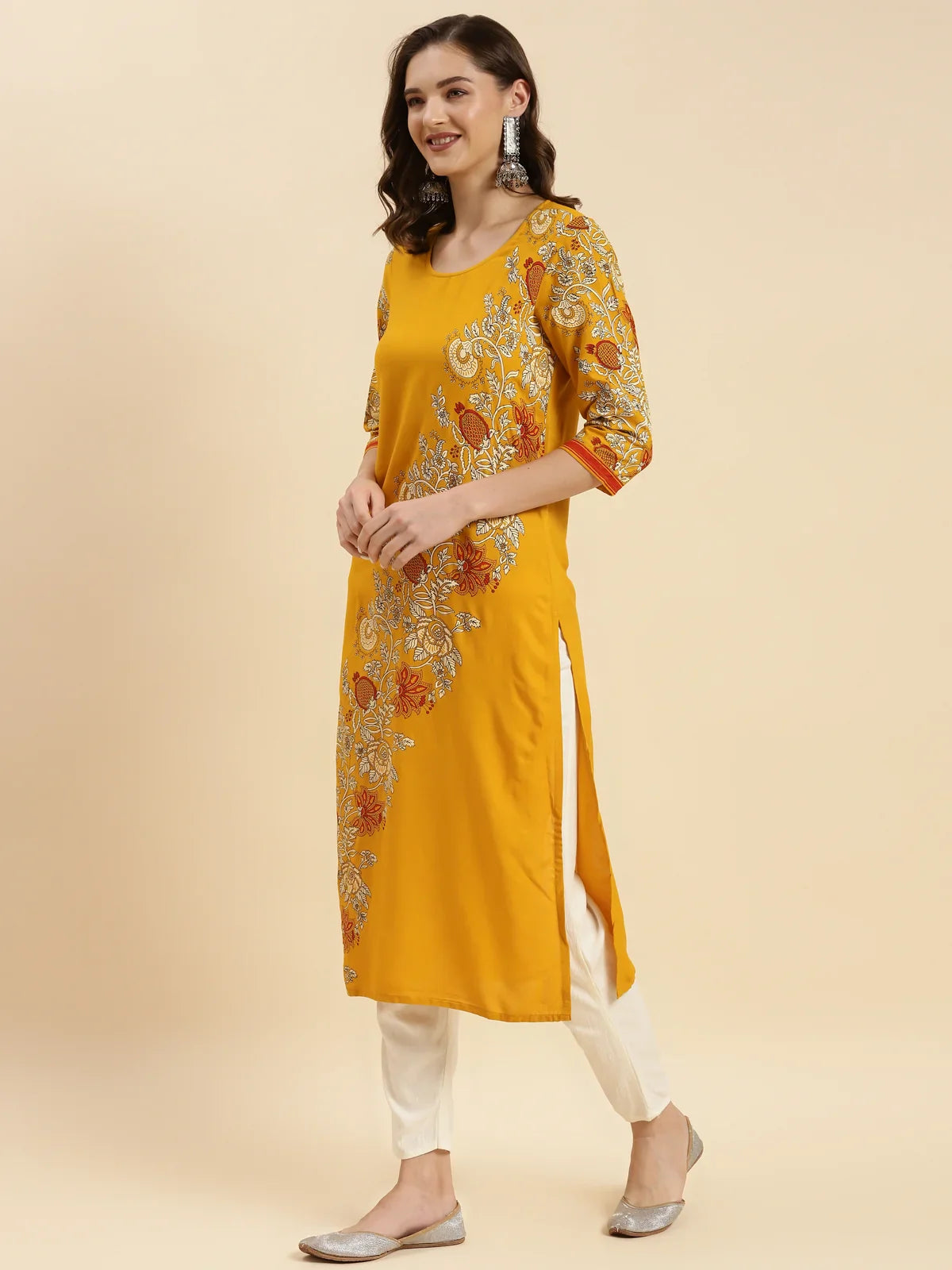 Buy Rayon Printed Straight Calf Length Kurta-Mustard