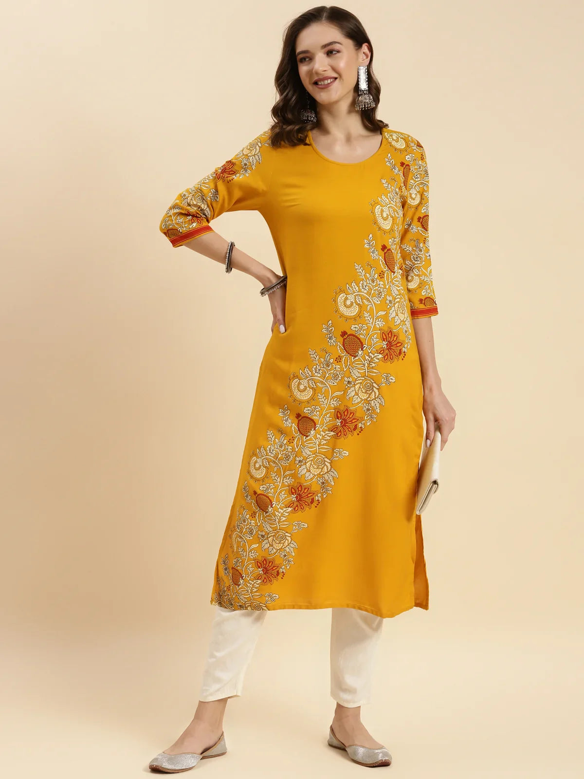 Buy Rayon Printed Straight Calf Length Kurta-Mustard
