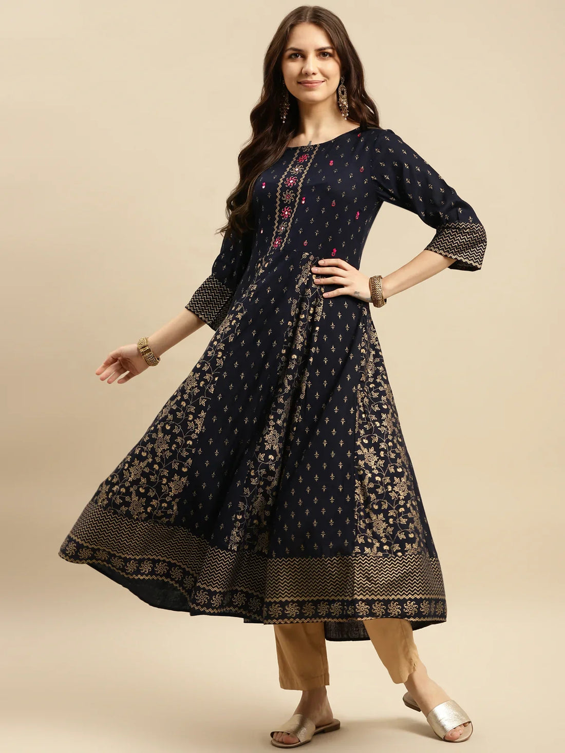 Buy Rayon Embroidered Anarkali Calf Length Kurta-Navy