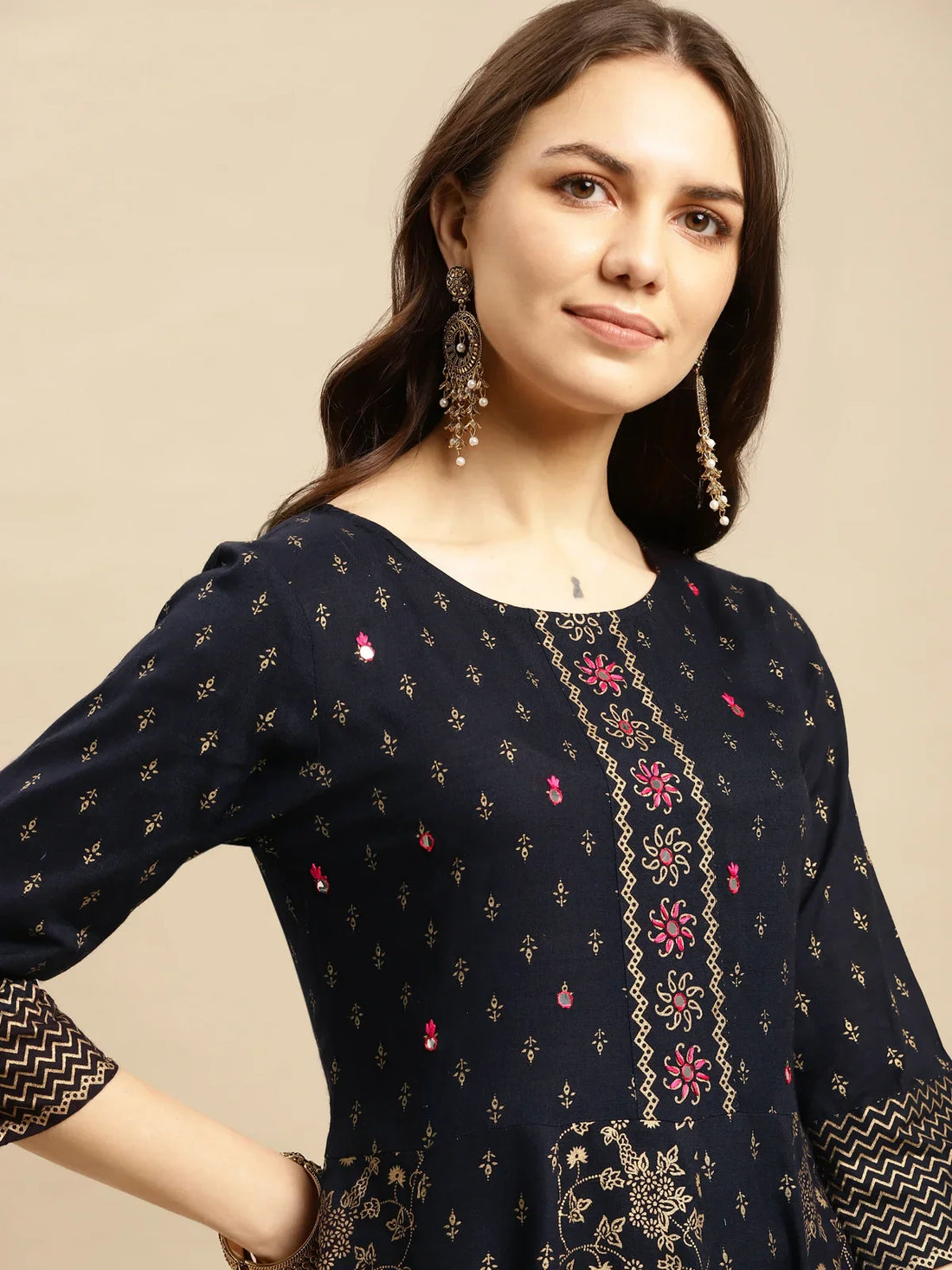 Buy Rayon Embroidered Anarkali Calf Length Kurta-Navy