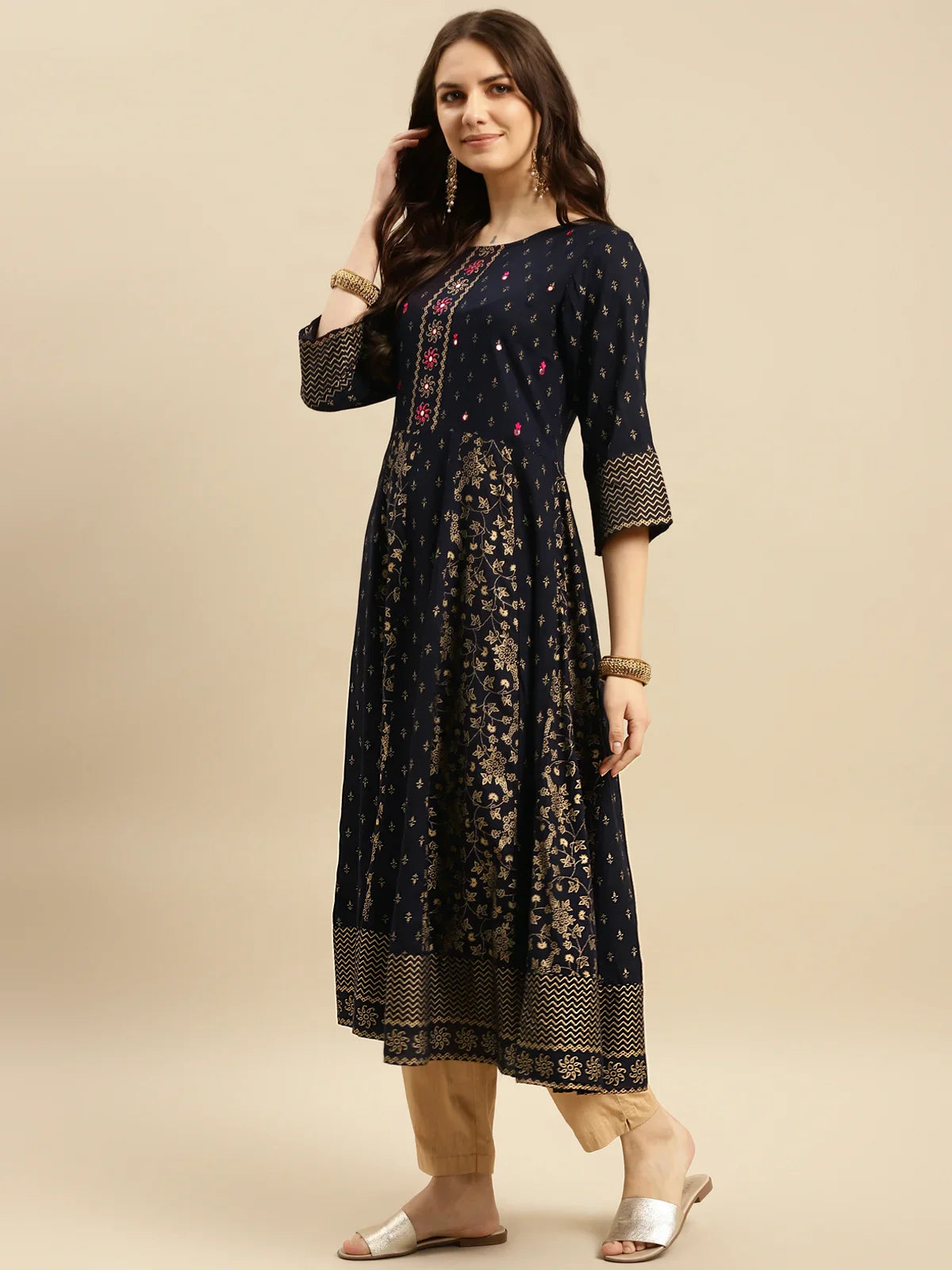 Buy Rayon Embroidered Anarkali Calf Length Kurta-Navy