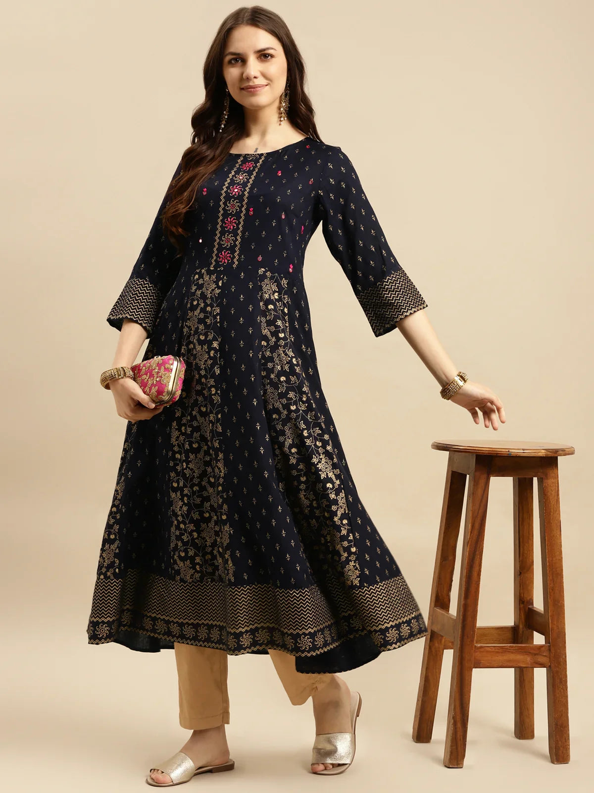 Buy Rayon Embroidered Anarkali Calf Length Kurta-Navy