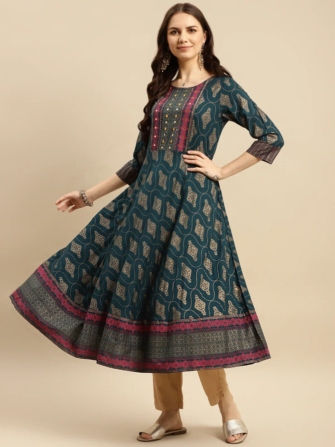 Buy Rayon Embroidered Anarkali Calf Length Kurta-Teal