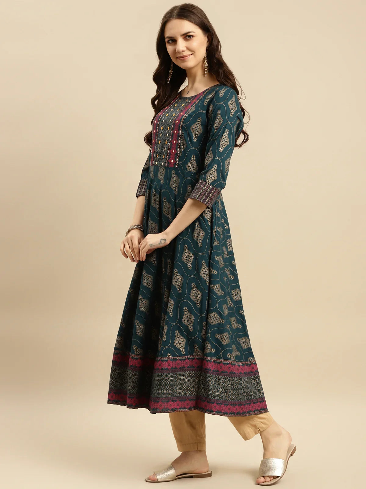 Buy Rayon Embroidered Anarkali Calf Length Kurta-Teal