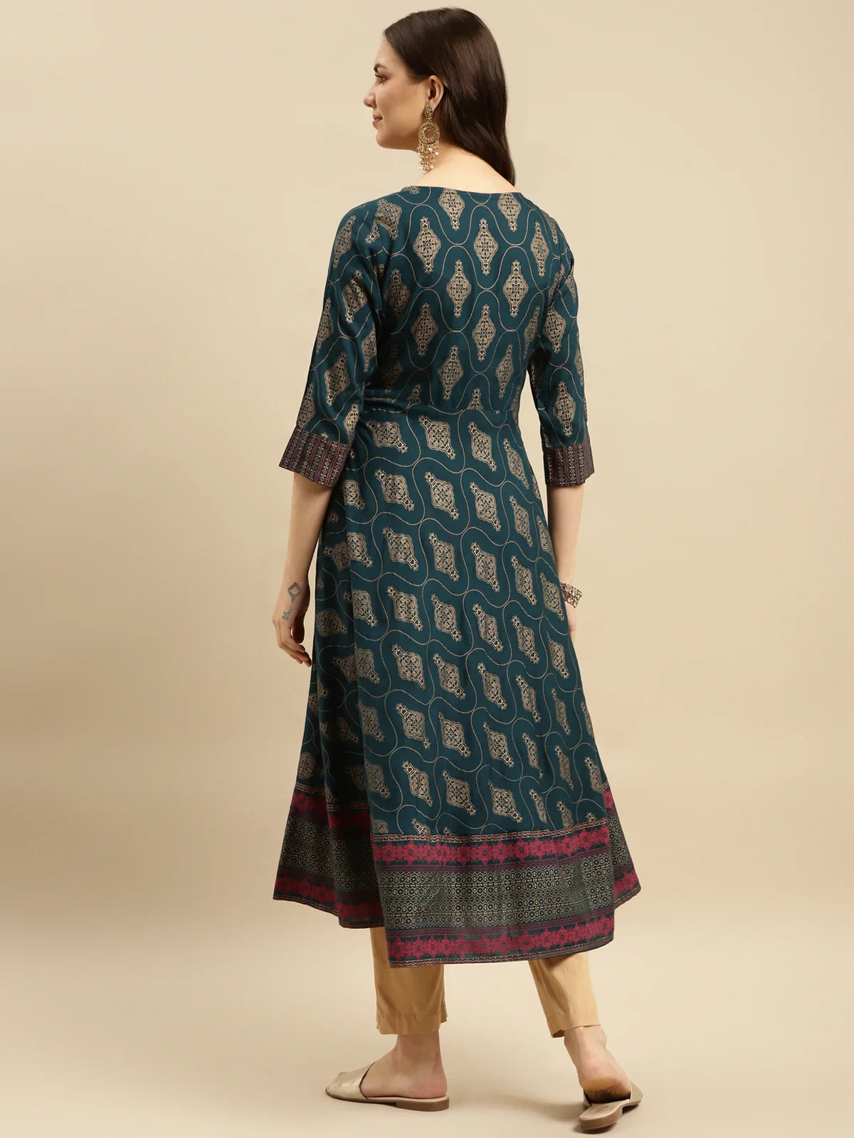 Buy Rayon Embroidered Anarkali Calf Length Kurta-Teal