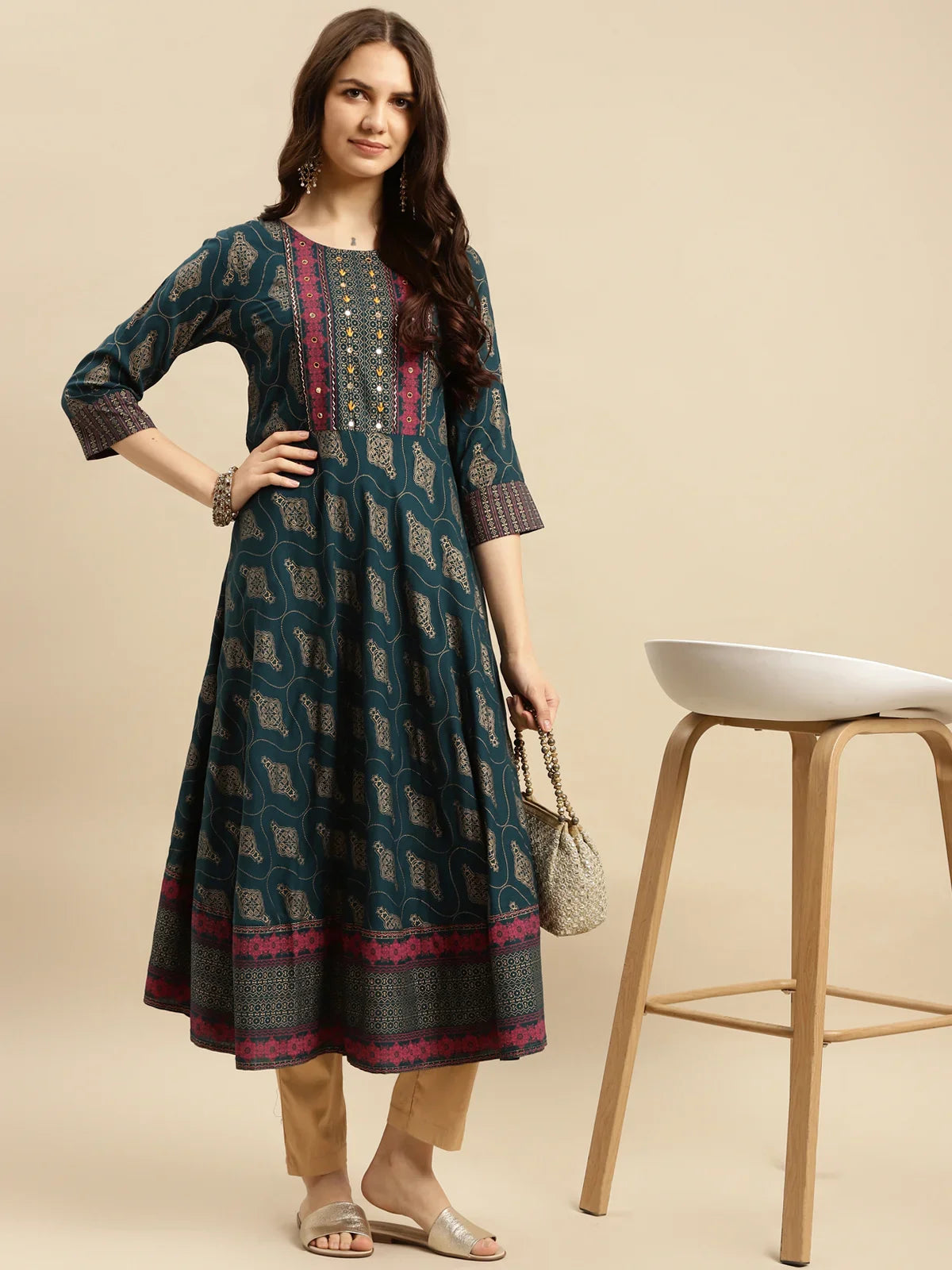 Buy Rayon Embroidered Anarkali Calf Length Kurta-Teal