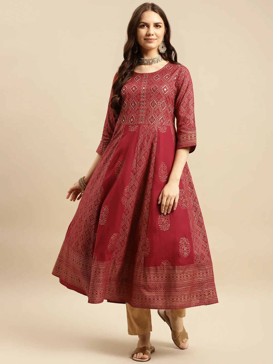 Buy Rayon Embroidered Anarkali Calf Length Kurta-Maroon