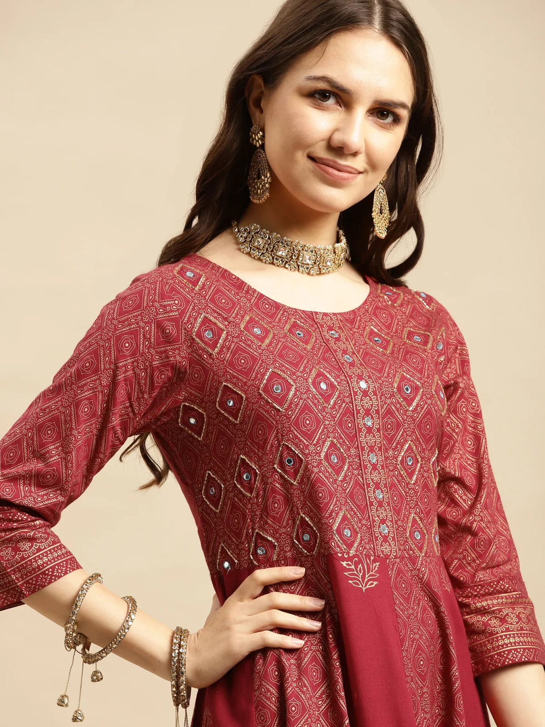 Buy Rayon Embroidered Anarkali Calf Length Kurta-Maroon
