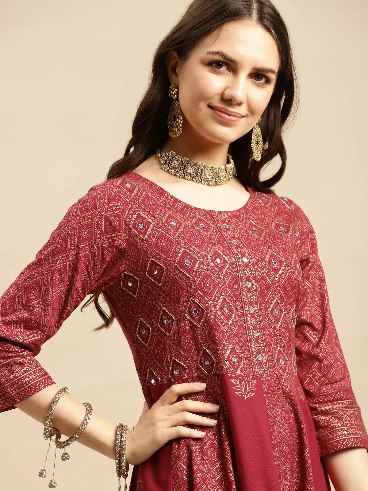 Buy Rayon Embroidered Anarkali Calf Length Kurta-Maroon
