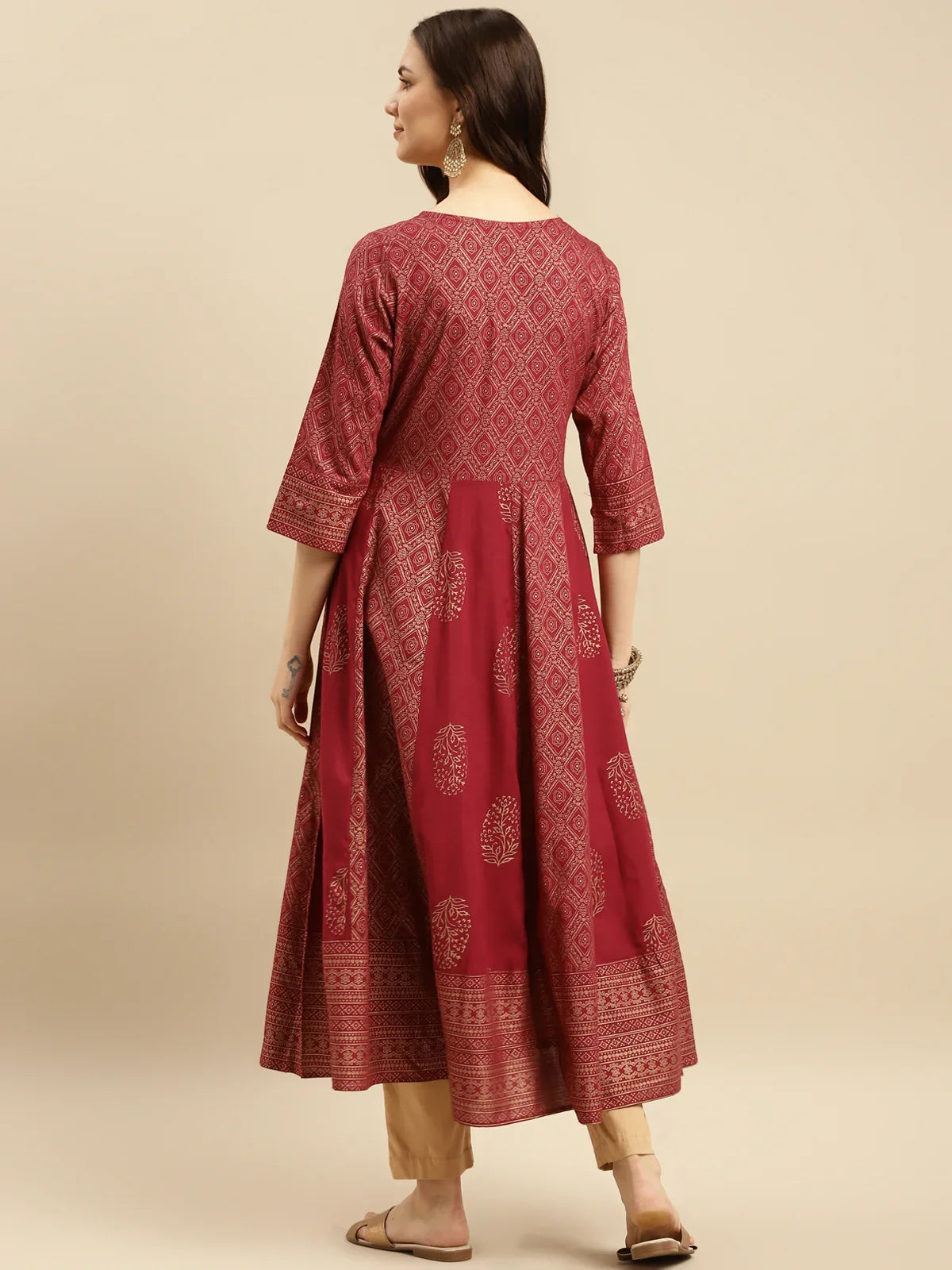 Buy Rayon Embroidered Anarkali Calf Length Kurta-Maroon