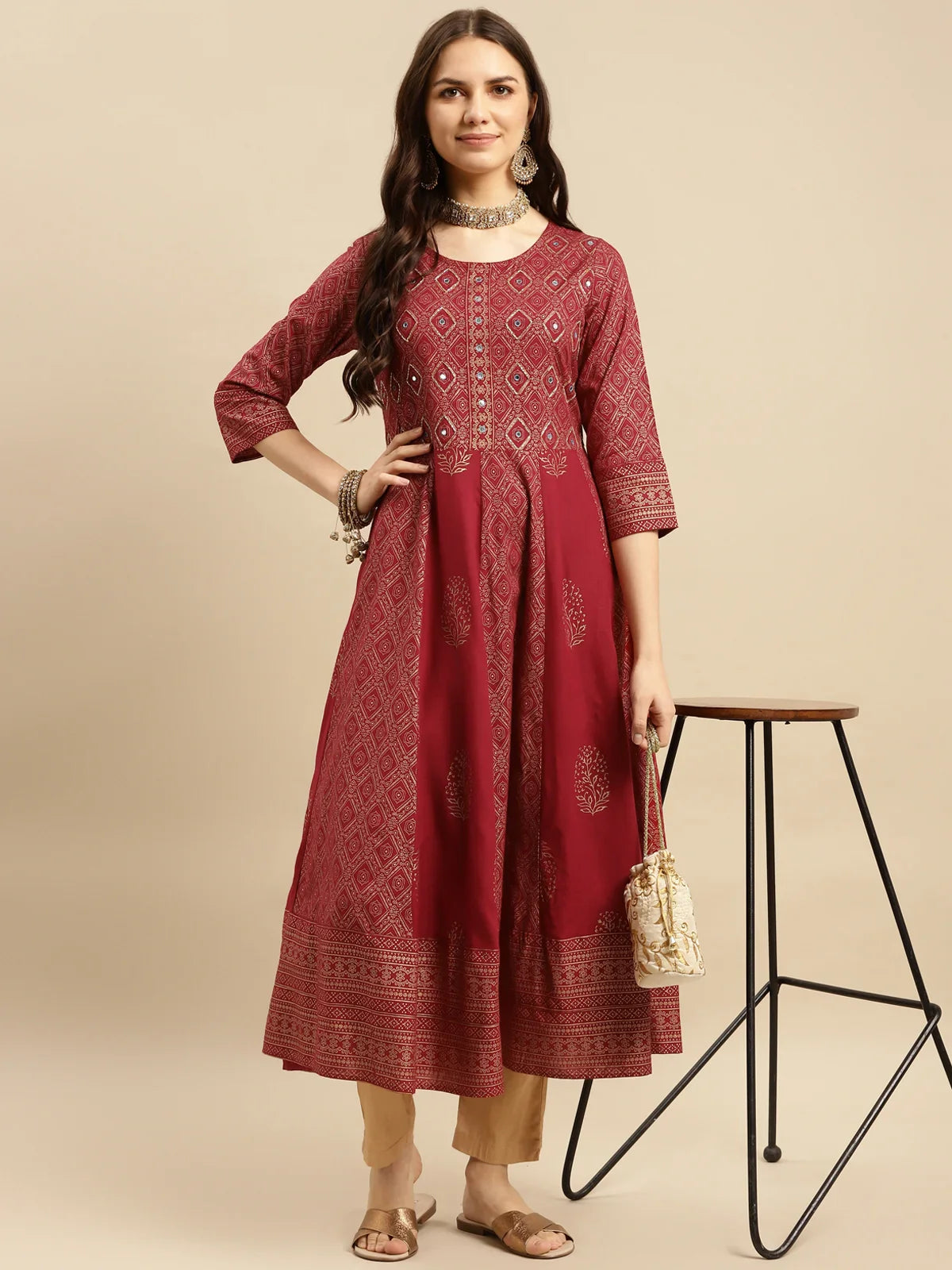 Buy Rayon Embroidered Anarkali Calf Length Kurta-Maroon