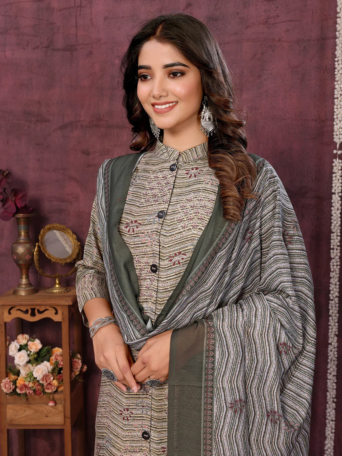 Buy Viscose Blend Printed Calf Length Kurta with Pant and Dupatta-Grey