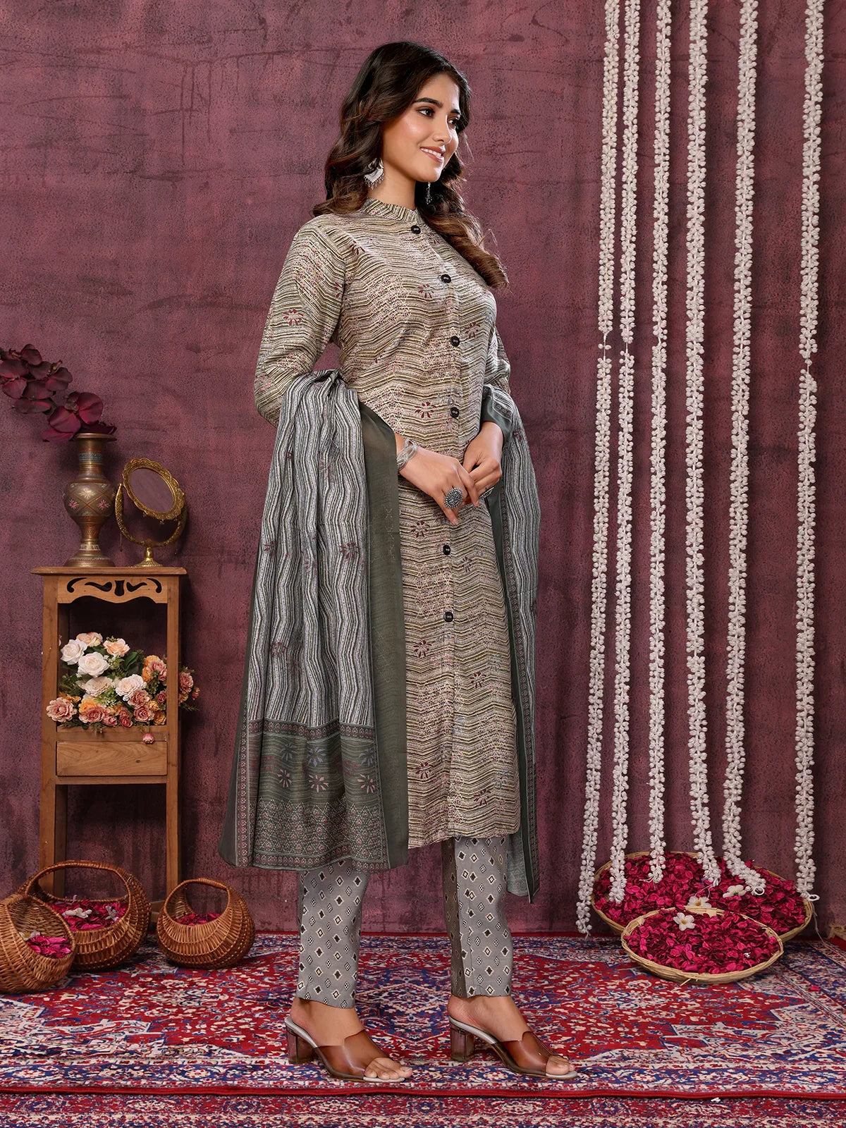 Buy Viscose Blend Printed Calf Length Kurta with Pant and Dupatta-Grey