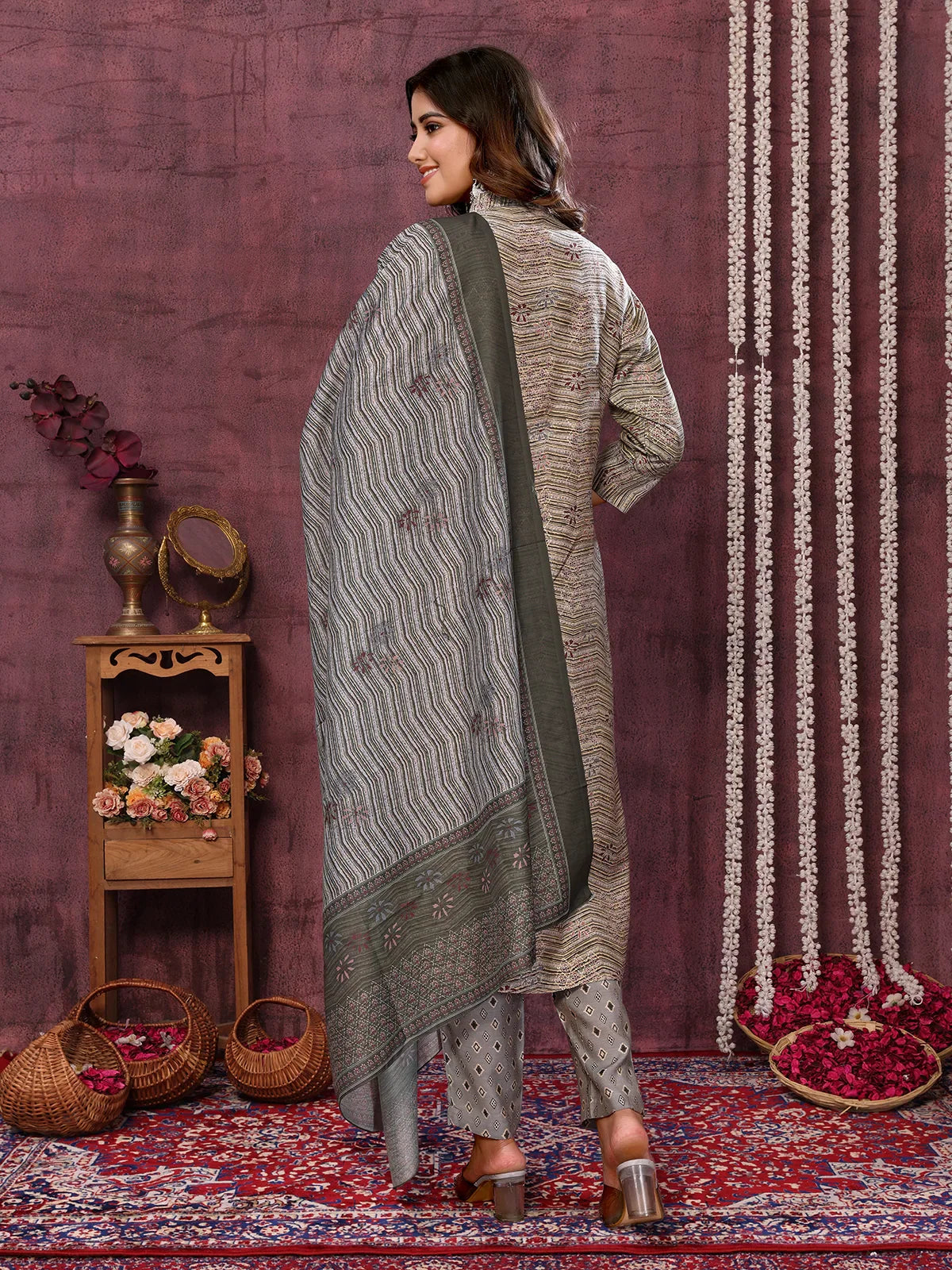 Buy Viscose Blend Printed Calf Length Kurta with Pant and Dupatta-Grey