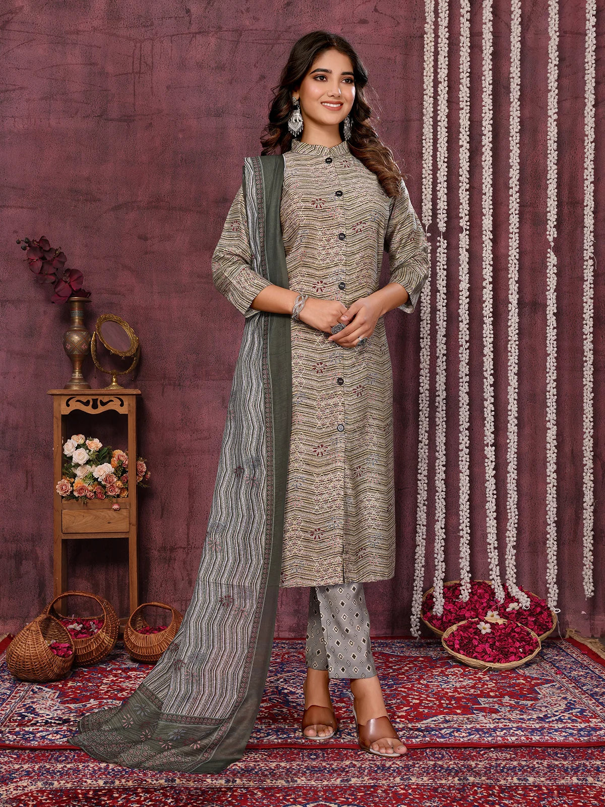 Buy Viscose Blend Printed Calf Length Kurta with Pant and Dupatta-Grey