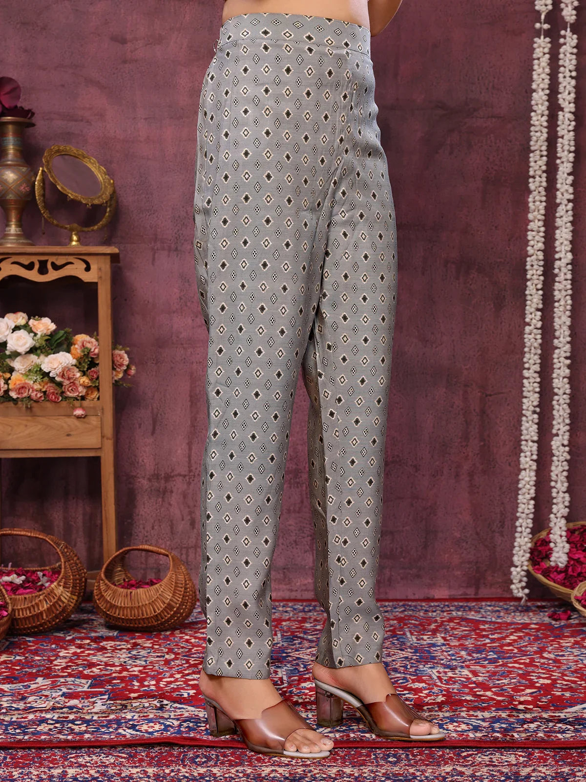 Buy Viscose Blend Printed Calf Length Kurta with Pant and Dupatta-Grey