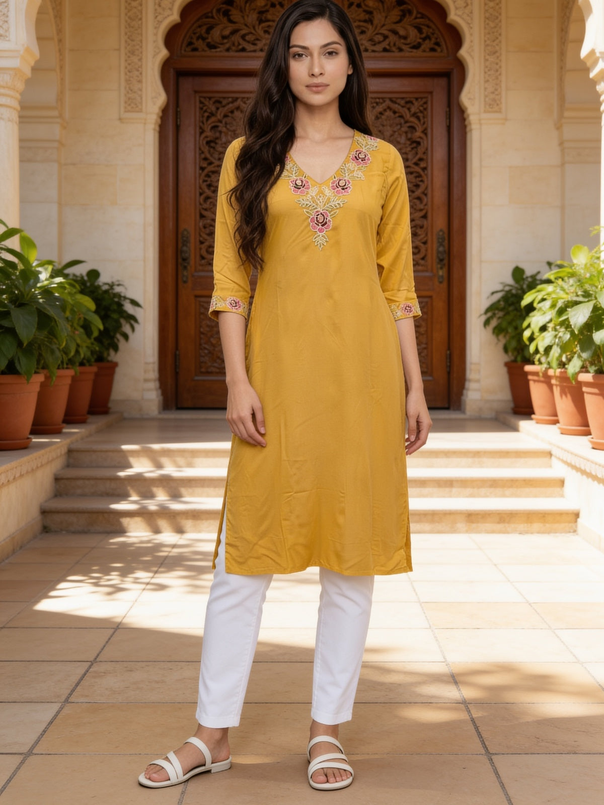Rayon Embroidered Straight Calf Length Kurta