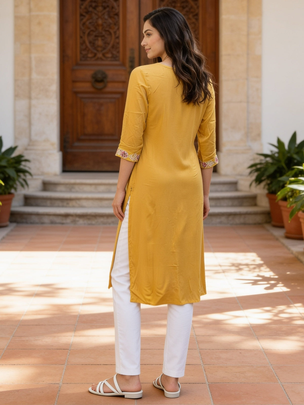 Rayon Embroidered Straight Calf Length Kurta