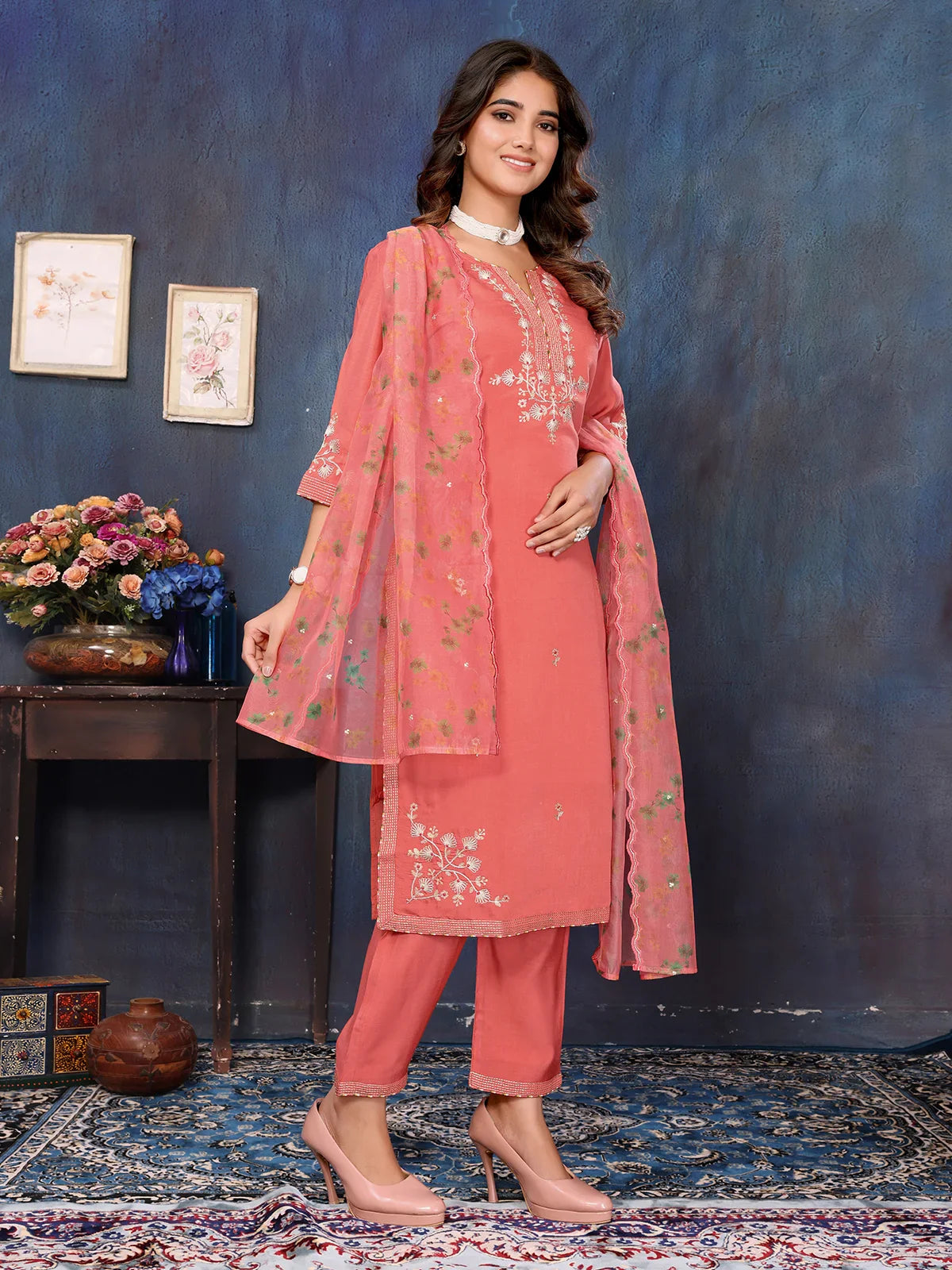 Buy Viscose Blend Embroidered Calf Length Kurta with Pant and Dupatta-Rust