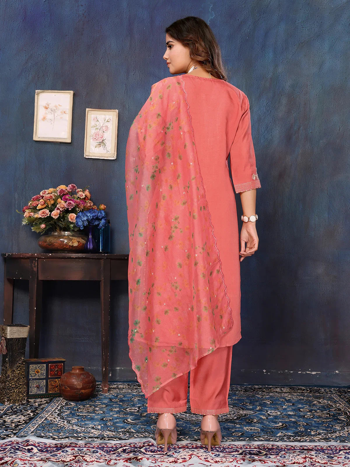 Buy Viscose Blend Embroidered Calf Length Kurta with Pant and Dupatta-Rust