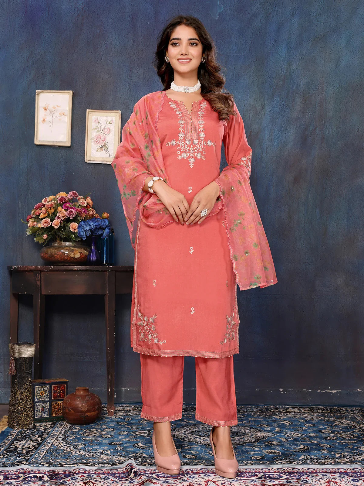 Buy Viscose Blend Embroidered Calf Length Kurta with Pant and Dupatta-Rust