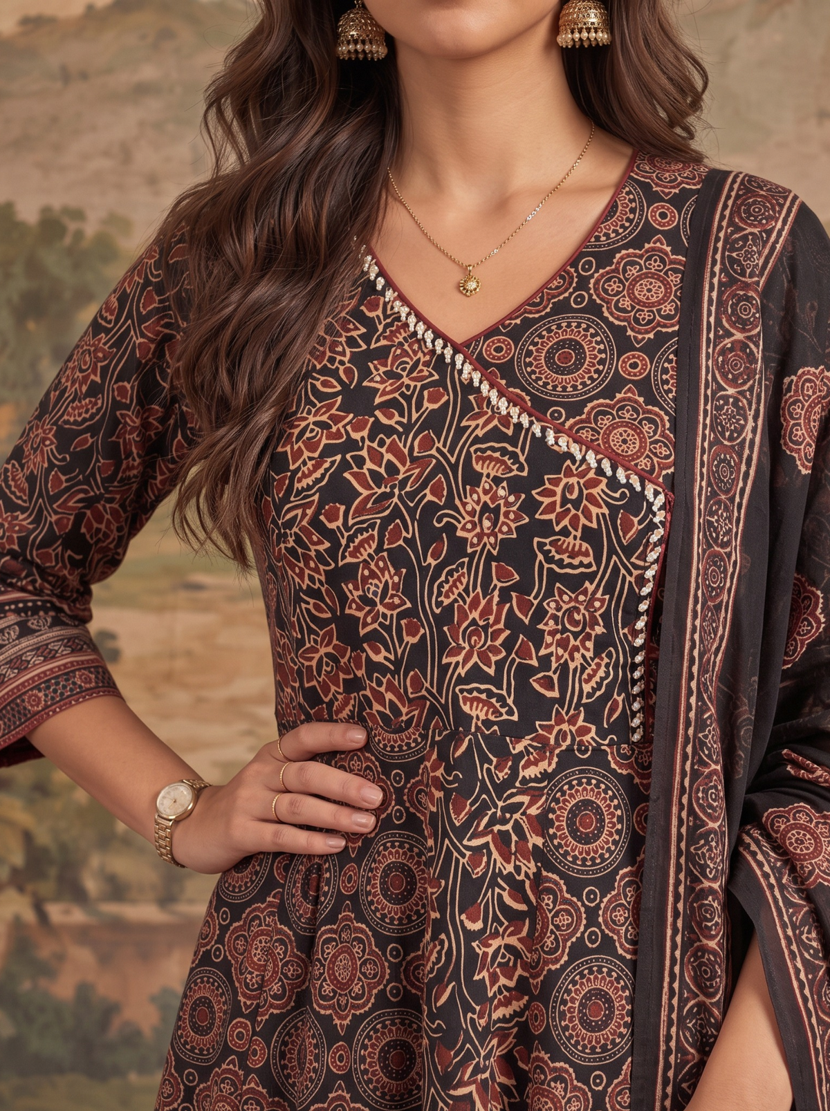Buy Cotton Printed Flared Calf Length Kurta With Pant and Dupatta-Black