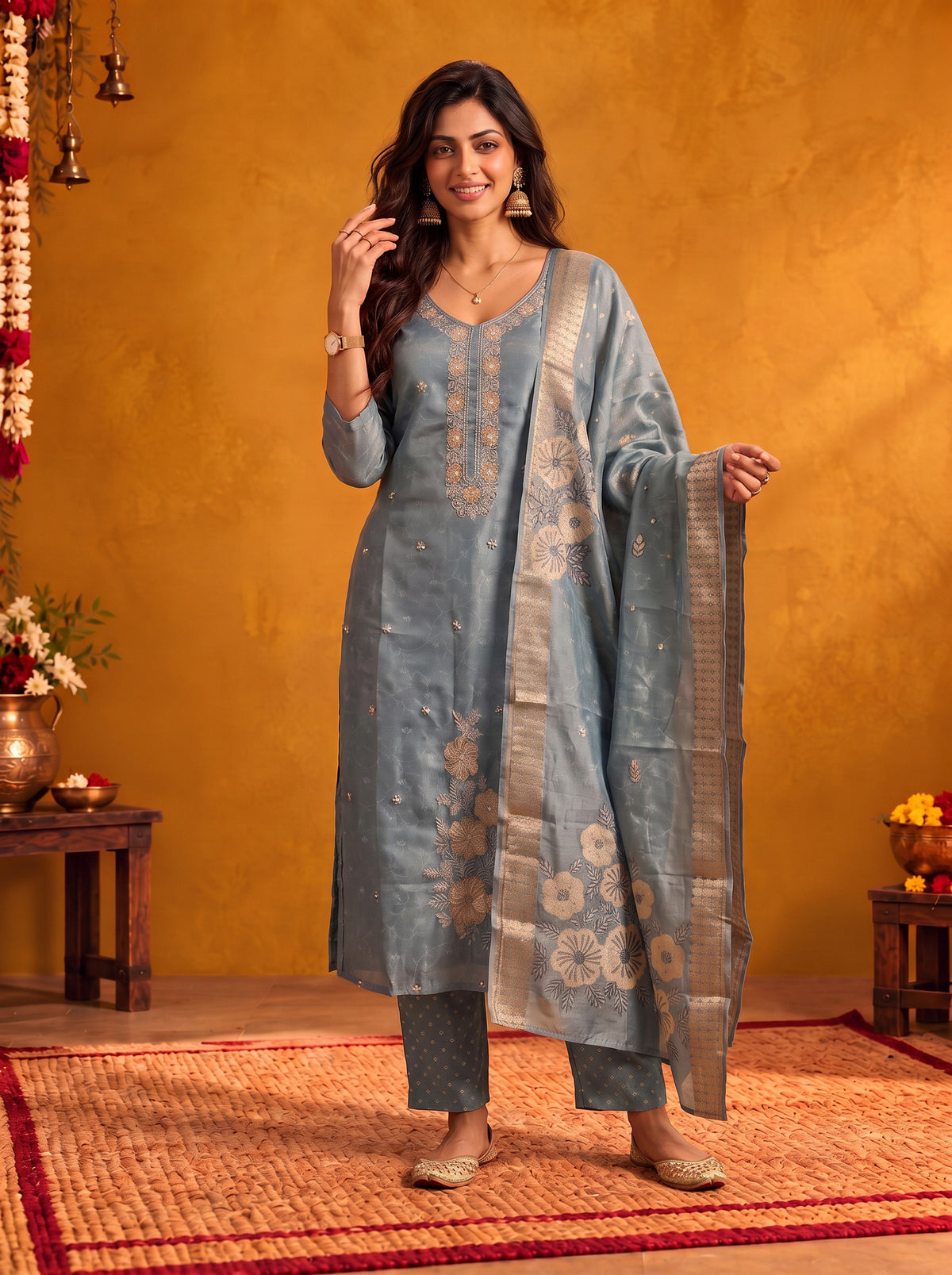 Viscose Embroidered Straight Calf Length Kurta With Pant and Dupatta