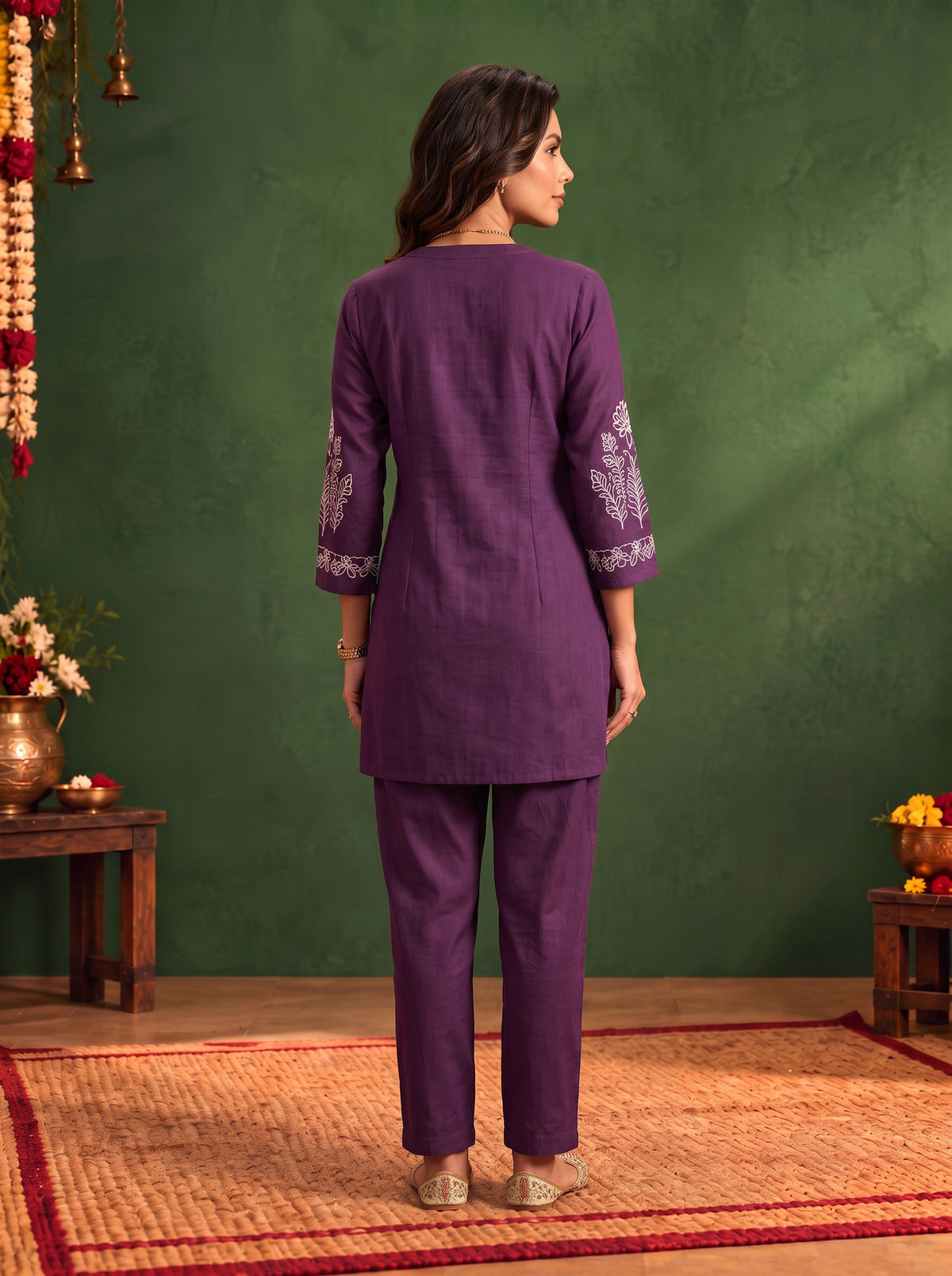 Buy Viscose Embroidered Straight Thigh Length Kurta With Pant-Wine
