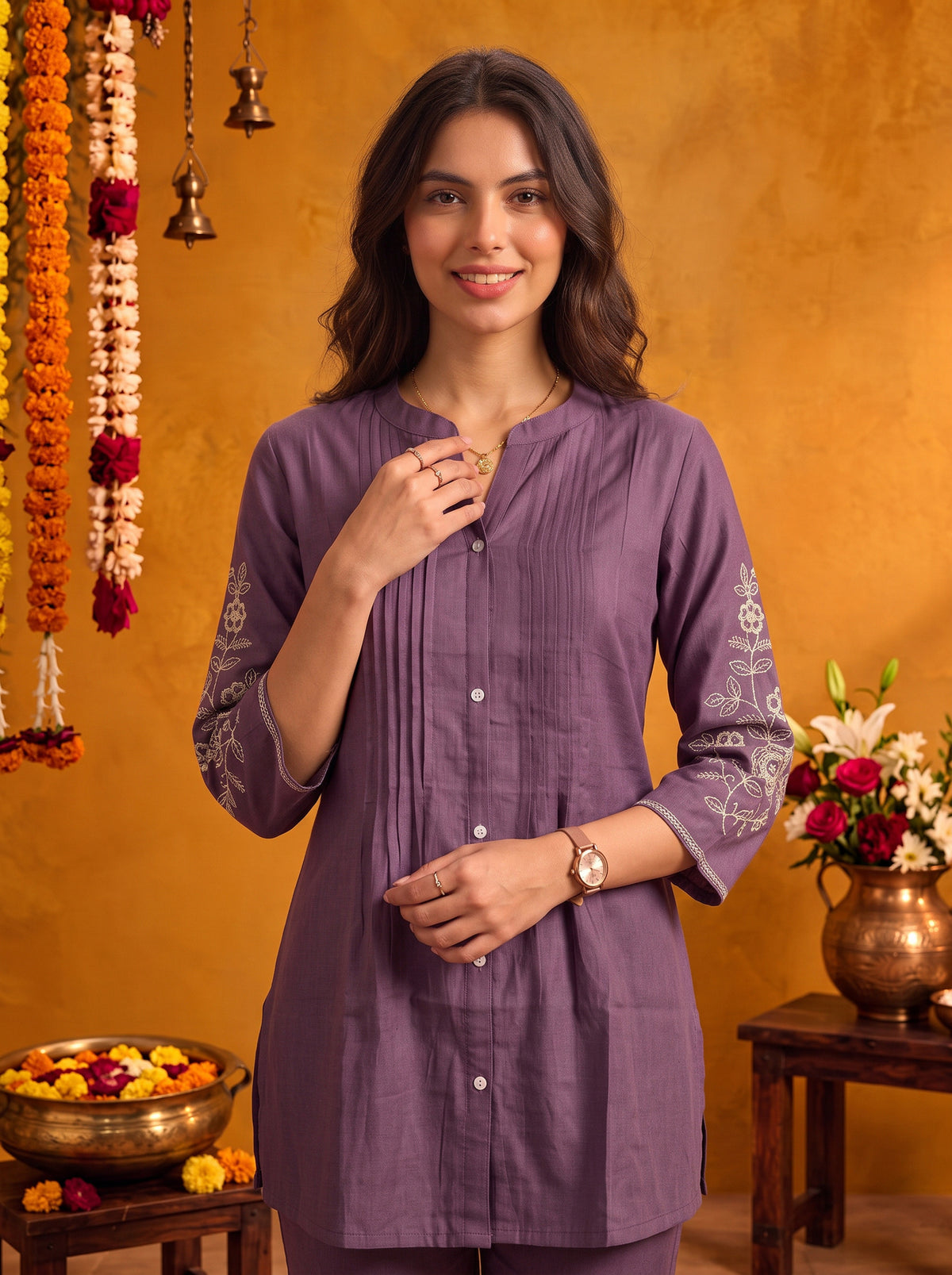Buy Viscose Embroidered Straight Thigh Length Kurta With Pant-Lavender