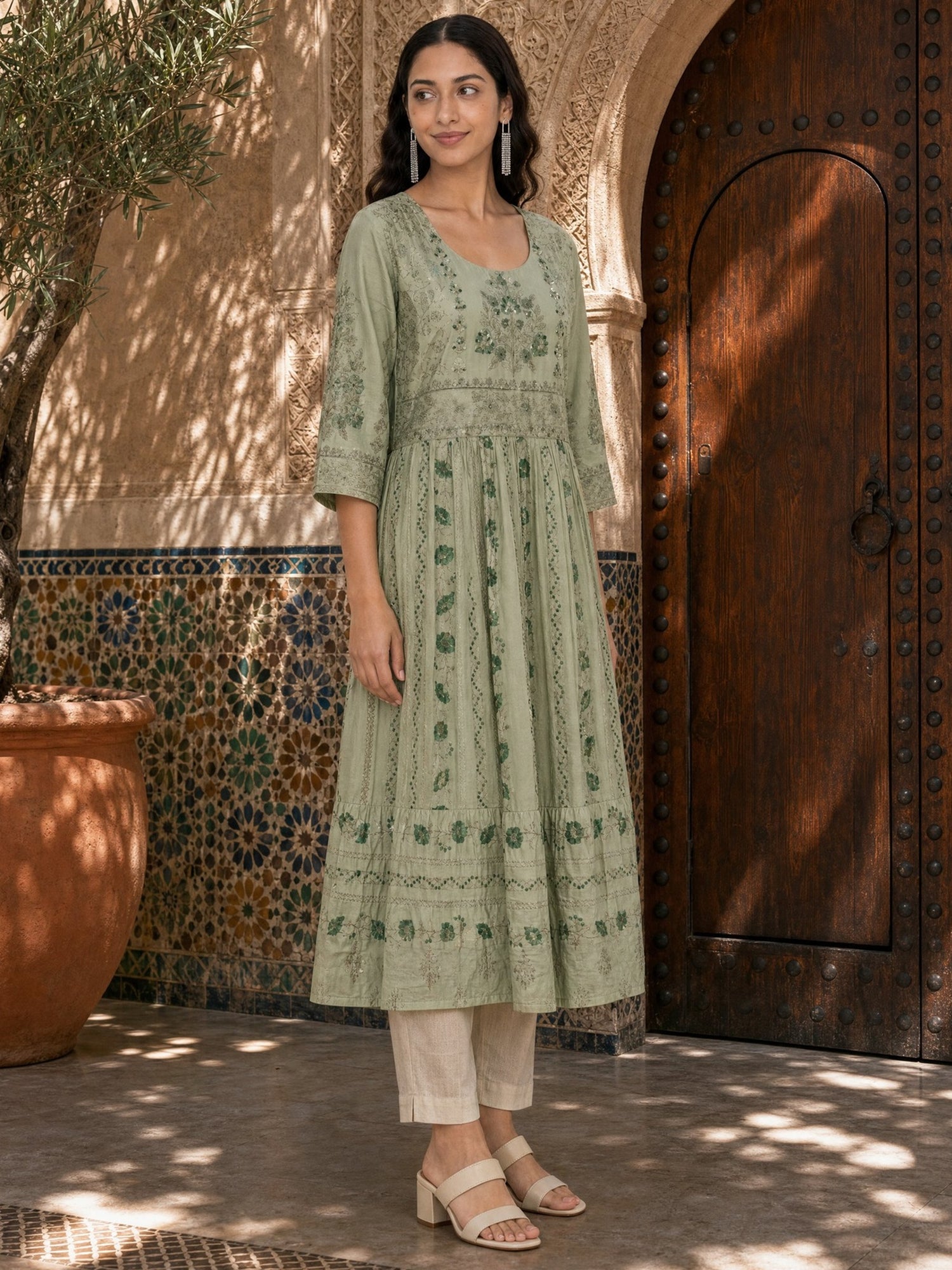 Buy Cotton Embroidered Flared Calf Length Kurta-Green