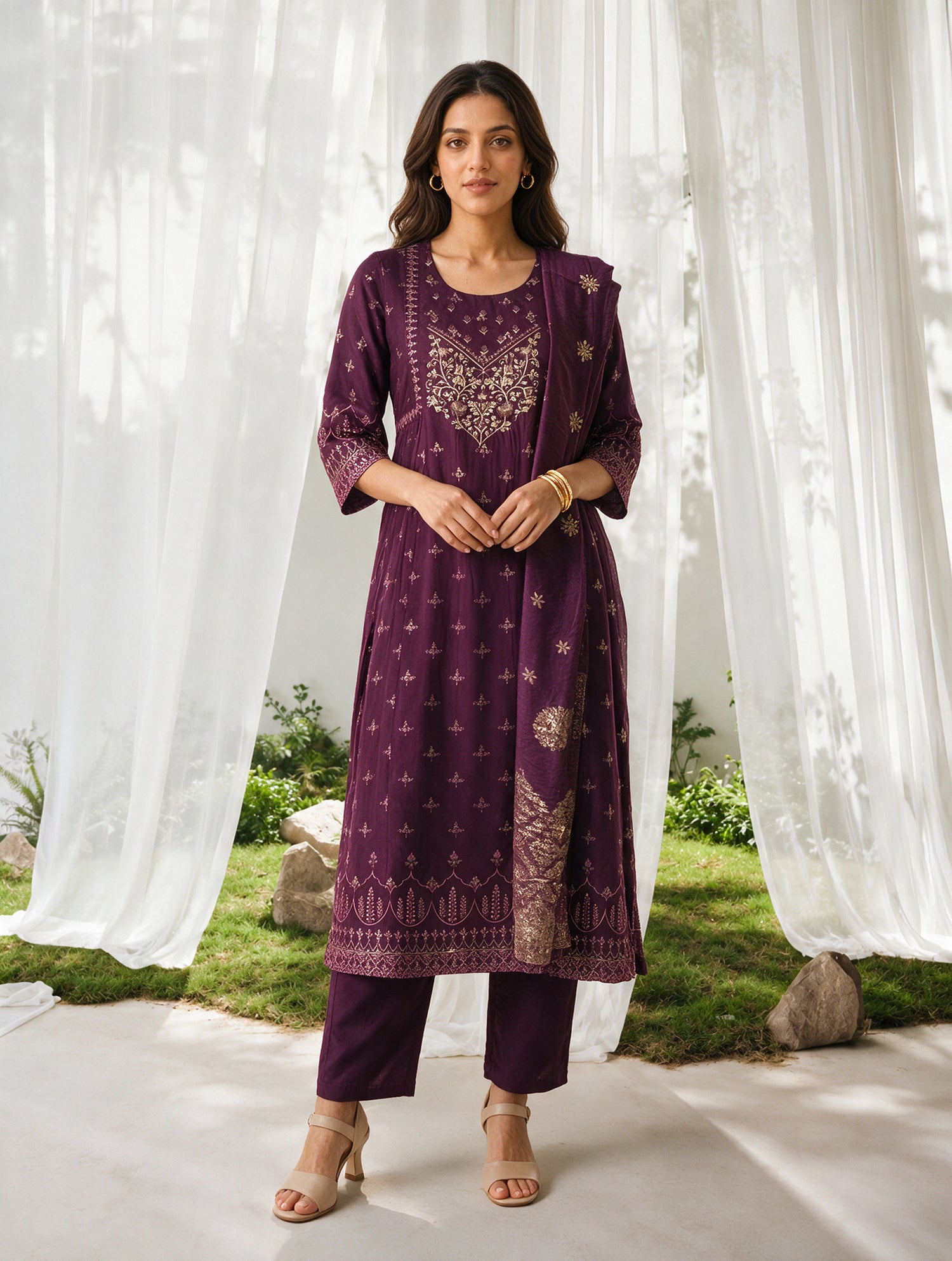 Buy Viscose Embroidered Flared Calf Length Kurta With Pant and Dupatta-Wine