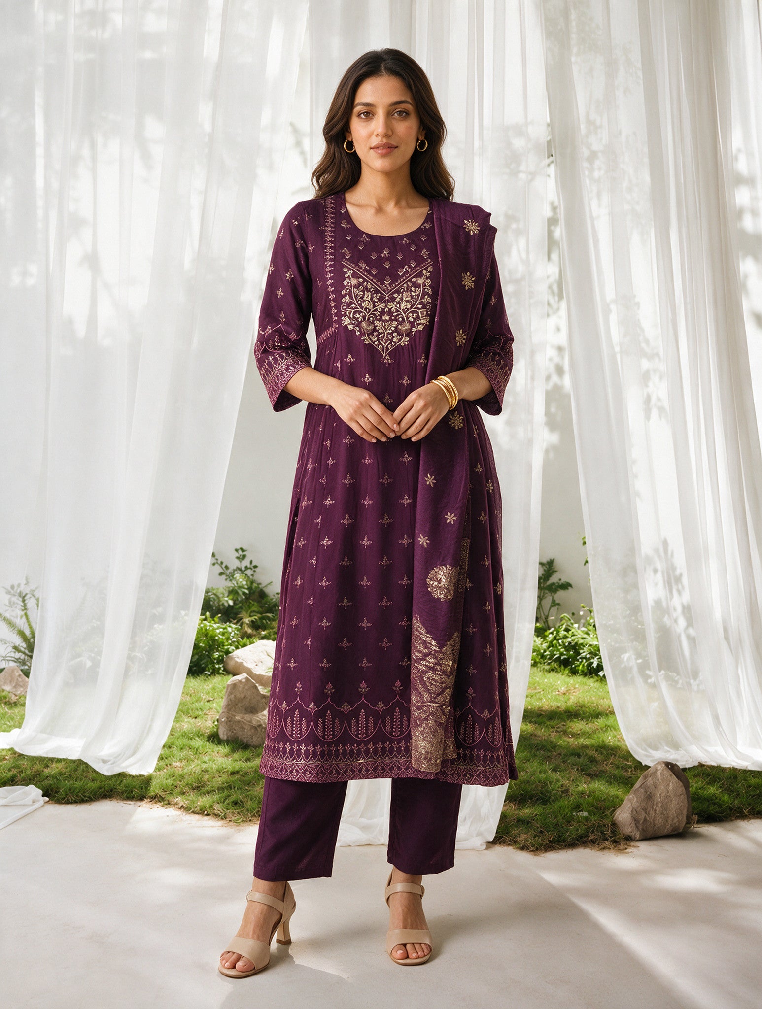 Viscose Embroidered Flared Calf Length Kurta With Pant and Dupatta