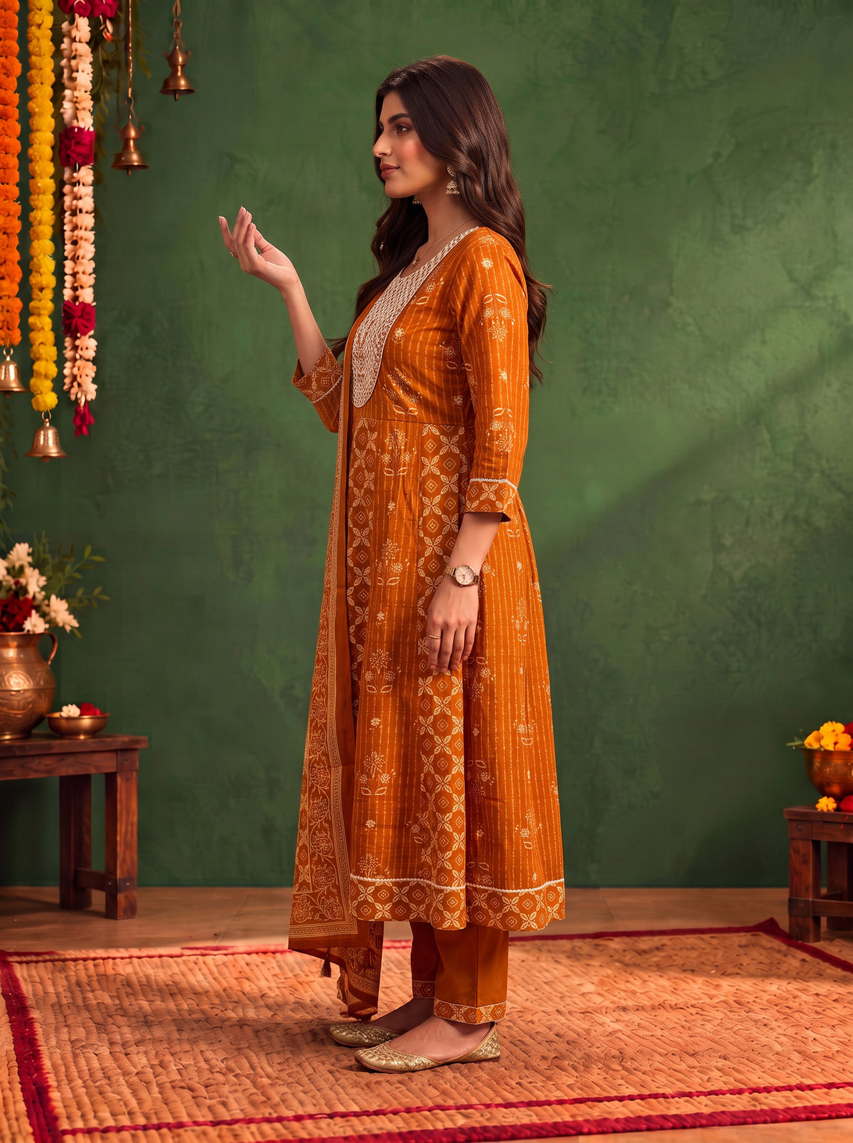 Cotton Embroidered Flared Calf Length Kurta With Pant and Dupatta