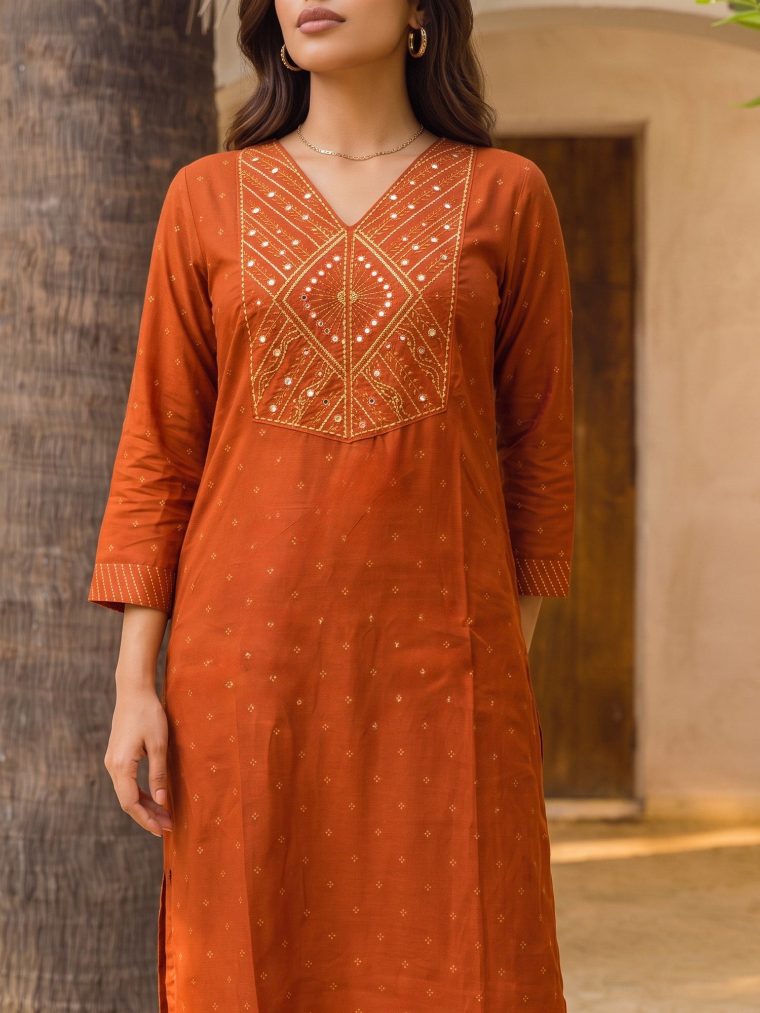 Buy Rayon Embroidered Straight Calf Length Kurta-Rust