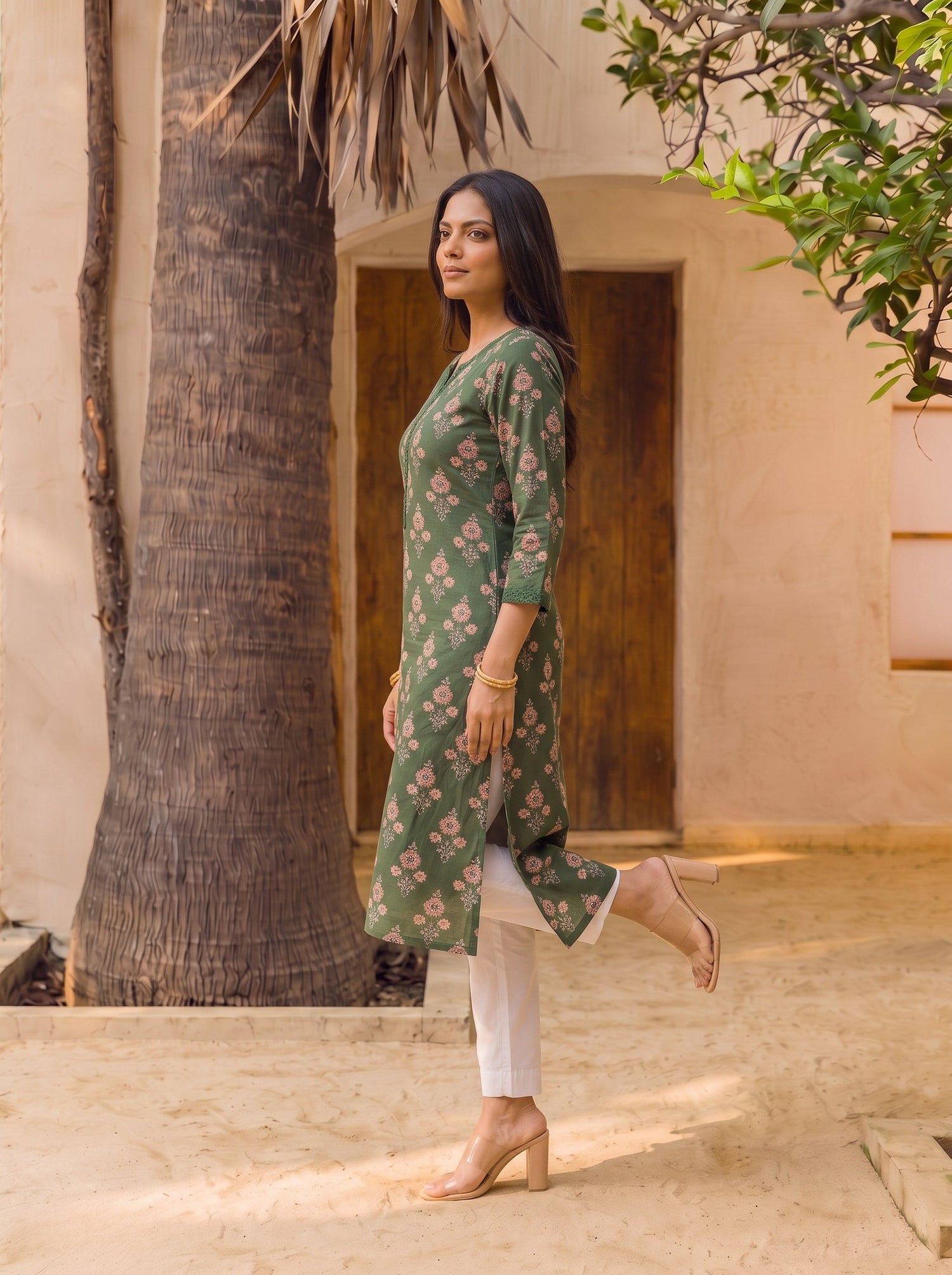 Buy Rayon Printed Straight Knee Length Kurta-Green