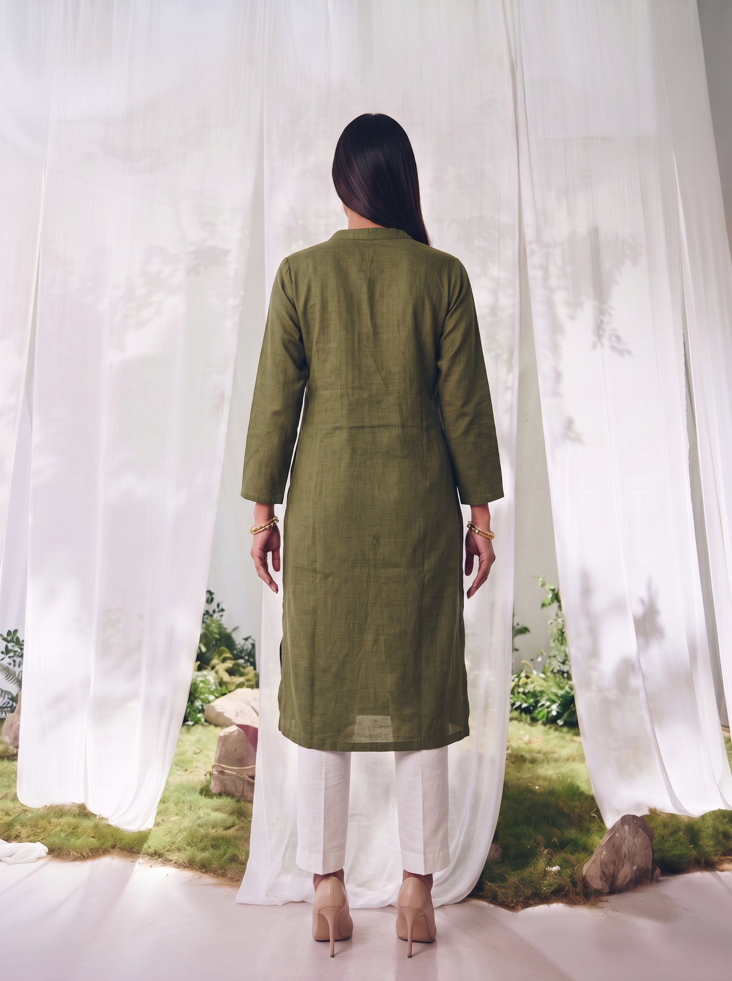 Buy Rayon Embroidered Straight Calf Length Kurta-Olive