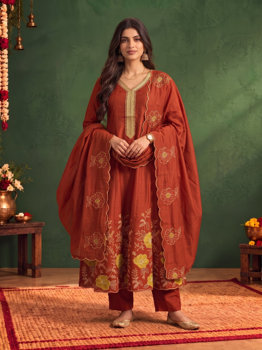 Buy Viscose Embroidered Flared Calf Length Kurta With Pant and Dupatta-Rust