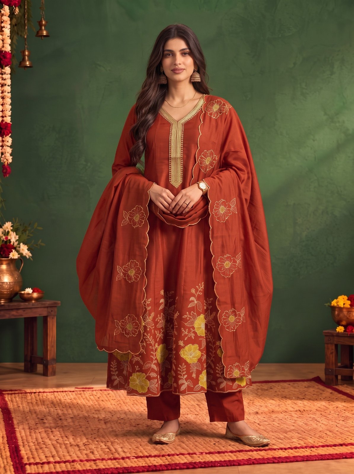 Buy Viscose Embroidered Flared Calf Length Kurta With Pant and Dupatta-Rust